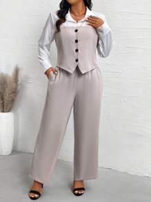 Calvaya 2pcs/Set Plus Size Women Daily Wear Color Block Long Sleeve Top And Solid Color Pants - Apricot - View 1