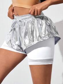 Easithlete Quần short thể thao rút dây đơn giản hàng ngày màu trơn cho nữ - Bạc - Xem 5