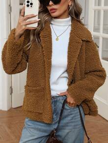 EMERY ROSE 复古休闲仿羊毛领纽扣口袋长袖夹克 - 棕色 - 查看 6