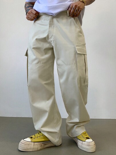 DAZY Men's Solid Color Cargo Straight Loose Pants, For Fall Men Joggers