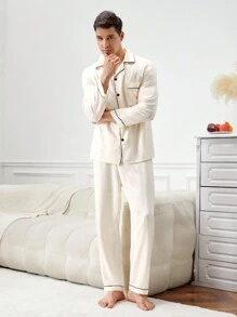 2pcs Men's Contrast Binding Pajama Set - Long Sleeve Top And Pants - Champagne - View 8