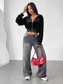 Muchica Women's Black Velvet Zip-Up Hooded Cropped Sweatshirt - Black - View 4