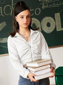 SHEIN Y2K Style Cropped Zip-Up Sweatshirt With Ruching For Teenage Girls - Light Grey - View 3