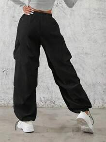 Chiquease Pantalones anchos con cordón y bolsillos de solapa, casuales y de moda - Negro - Ver 2