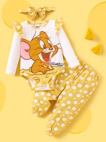 TOM & JERRY X SHEIN 女婴卡通印花荷叶边连体衣和黄色圆点裤，配可爱蝴蝶结头带 - 黃色 - 查看 1