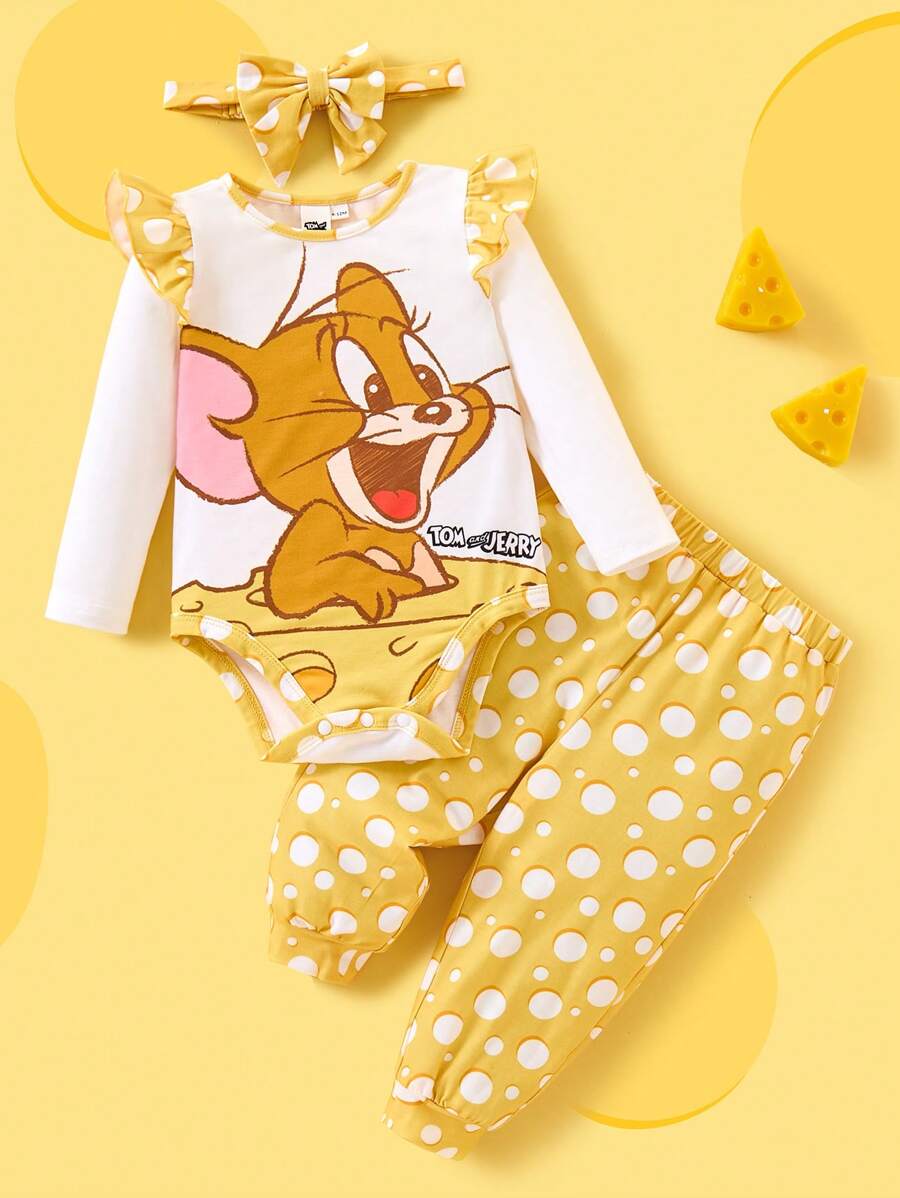 TOM & JERRY X SHEIN 女婴卡通印花荷叶边连体衣和黄色圆点裤，配可爱蝴蝶结头带 - 黃色 - 查看 1
