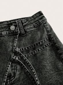 SHEIN ICON 翻蓋口袋牛仔裙褲 - 黑色 - 查看 4