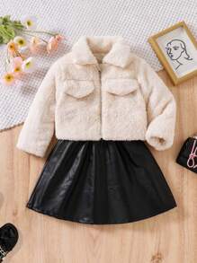 Ensemble de 3 pièces : Veste de blouson à poches moelleuses et à la mode pour jeune fille, jupe brillante & chapeau doux et moelleux, tenue d'hiver chaude - Nude - Voir 3