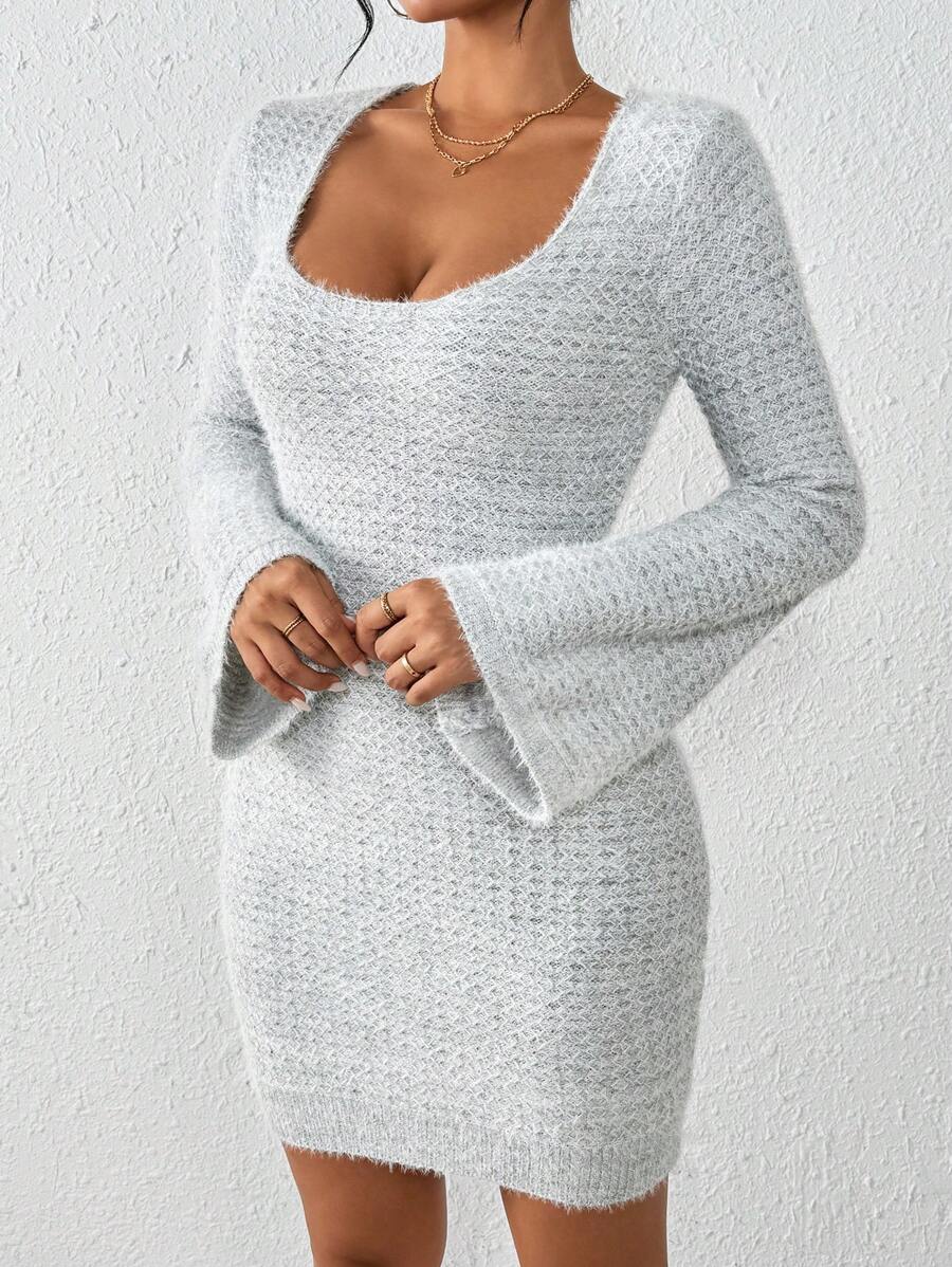 Chiquease Women's Solid Color Simple Everyday Flare Sleeve Pullover Long Dress Fall Cloth For Women - Grey - View 1