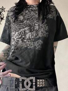 哥特式时尚休闲街头复古 Y2K 印花圆领长袖女式圆领 T 恤 - 彩色 - 查看 1