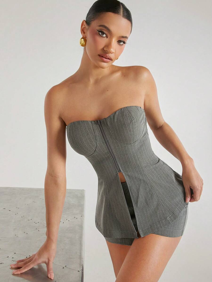 Hauture Pinstripe Zip Tube Top & Shorts Two Piece Set - Grey - View 1