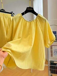 INAWLY 2 件大码女式纯色圆领插肩袖休闲宽松上衣和短裤套装，夏季 - 黃色 - 查看 4
