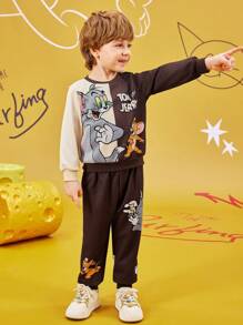 TOM & JERRY X SHEIN 2pcs/Set Young Boy Casual Cartoon Animal Print Brown Colorblock Sweatshirt And Sweatpants Set, Spring & Autumn Tracksuits - Brown - View 9