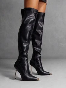 CUCCOO SZL 时尚女鞋 - 黑色金属尖头过膝皮靴，适合秋冬季节，性感修身，通勤、约会、派对等场合皆宜。春季万圣节女巫主题鞋款，春假复活节主题鞋款。 - 黑色 - 查看 7