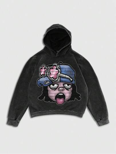 Street Life Herren Lustiger Portrait-Muster Hoodie in gewaschener, abgenutzter Optik