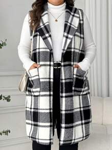 SHEIN LUNE Plus Size Lapel Sleeveless Open Front Reversible Plaid Print Mid-Length Jacket Winter Fall Autumn - Black and White - View 1