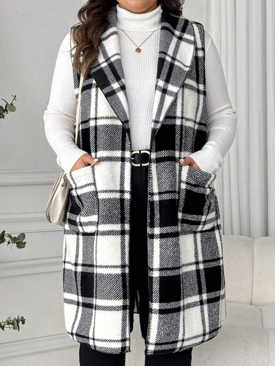 SHEIN LUNE Plus Size Lapel Sleeveless Open Front Reversible Plaid Print Mid-Length Jacket Winter Fall Autumn - Black and White - View 1