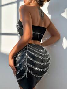 Zolique 2pcs Women Sexy Sequin Backless Halter Top And Mini Skirt 2 Pieces Set, Summer