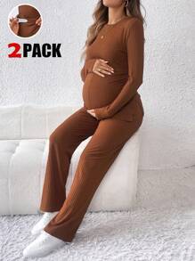 SHEIN 2 件孕妇装：圆领长袖修身衬衫和直腿休闲裤 - 棕色 - 查看 3