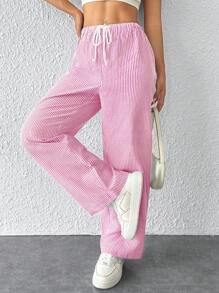 SHEIN PETITE Pantalones de lino de tiro bajo a rayas para mujer, vacaciones de verano - Rosa Fucsia - Ver 3