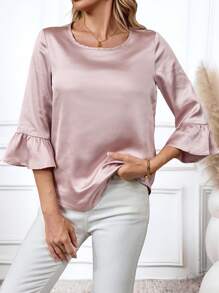 EMERY ROSE Áo Sơ Mi Mùa Thu Màu Hồng Cổ Tròn Và Cổ Tay Xù Lông - Hồng - Xem 1