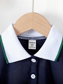 Girls Back To School College Style White Solid Color Peter Pan Collar Button Up Short Sleeve Dress - Navy Blue - View 5