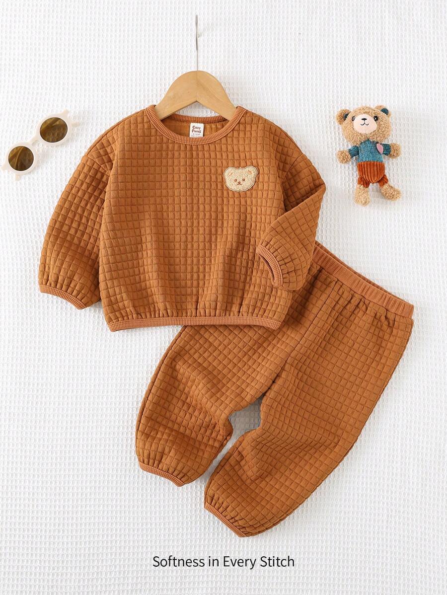 Cozy Pixies 2pcs Baby Boy Solid Color Knit Soft Round Neck Drop-Shoulder Sweatshirt And Ribbed Cuffs Pants Set - Brown - View 1