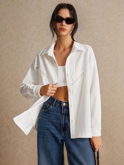 SHEIN Frenchy White Shirt,Women's Solid Color Regular Fit Front Button Casual Long Sleeve Jacket,Fall Women Clothes,White Lace Patchwork Shirt Jacket,White Loose Jacket, Shirt Version, Exquisite And Versatile, Suitable For Daily Commute, Street, Home Wear Winter
