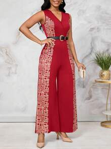 SHEIN Lady Pantalones palazzo de maxi largo sin mangas con color de contraste, corte y empalmado en el cuello para mujeres de estatura alta - Rojo - Ver 4
