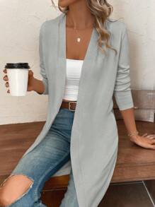 EMERY ROSE 女式纯色长袖休闲开衫，秋冬 - 淺灰色 - 查看 7