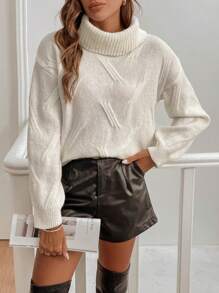 Chiquease Áo len cổ lọ dệt kim gân rộng rãi cỡ lớn cho mùa thu đông, màu trắng - trắng - Xem 4