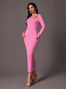 SHEIN Belle Elegantes vestidos de gasa de manga larga y escote pronunciado con espalda abierta, cuentas y abertura lateral ajustada, en color rosa loto. Vestido de noche formal para fiesta, boda, graduación, cena - Rosa - Ver 6