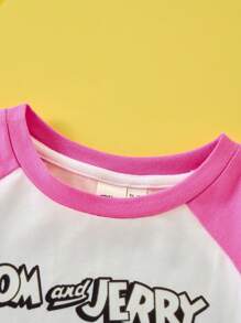TOM & JERRY X SHEIN Young Girl Cartoon Print Contrast Raglan Sleeve Casual T-Shirt, Summer Graphic Tee