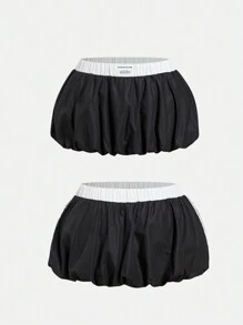 SHEIN EZwear 女款 Y2k 拼色荷叶边低腰褶皱泡泡裙 - 黑色 - 查看 1