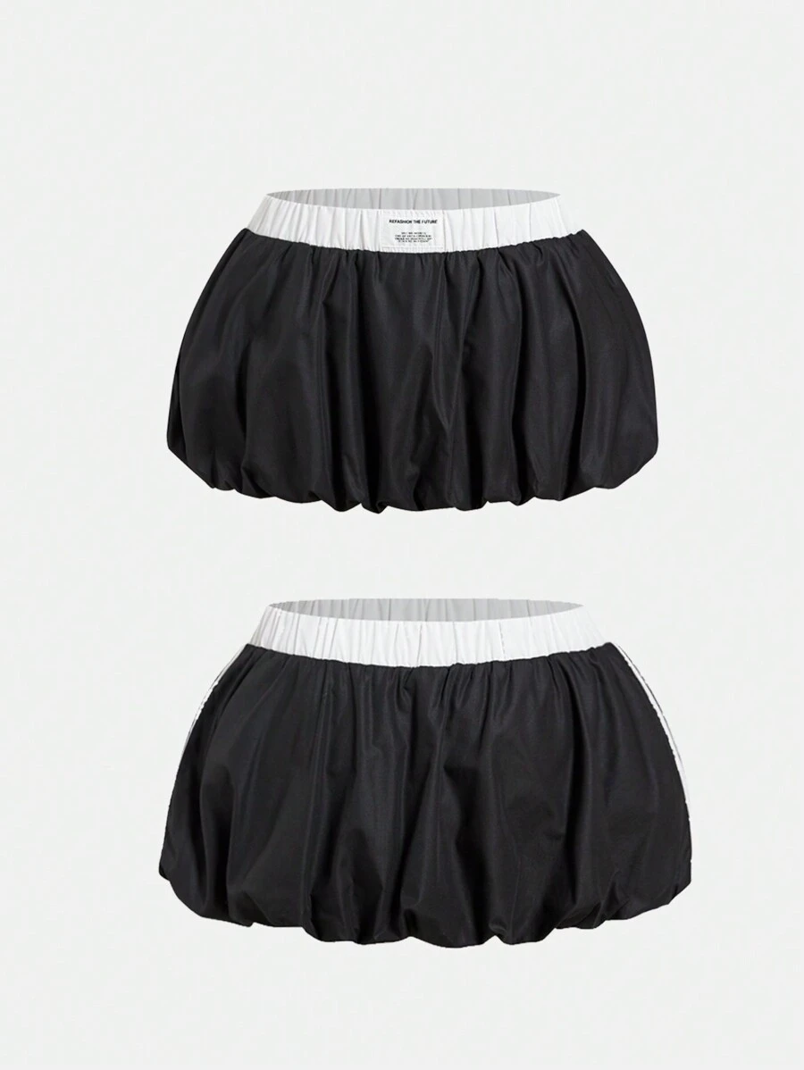 SHEIN EZwear 女款 Y2k 拼色荷叶边低腰褶皱泡泡裙 - 黑色 - 查看 1