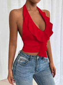 Zolique Women Deep V Neck Tie Strap Solid Color Camisole For New Year Clothes Halloween - Red - View 4