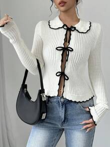 Elenzga 女士纯色简约休闲 V 领蝴蝶结装饰长袖开衫 - 杏色 - 查看 5