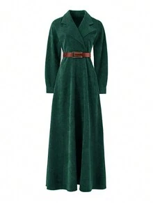 欧美爆款简约翻领纯色法式复古女装束腰连衣裙Y2K秋冬灯芯绒西装领长袖显瘦口袋天鹅绒女士中长款连衣裙 - 墨綠色 - 查看 6