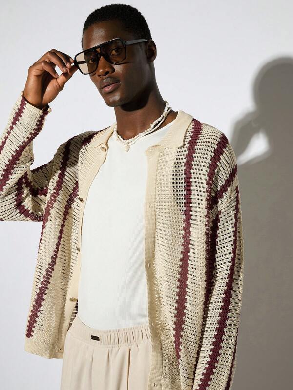 Manfinity VCAY كنزة صوفية كاجوال فضفاضة مفتوحة الأمام طويلة الأكمام مصنوعة من الأقمشة المحبوكة، للخريف والشتاء