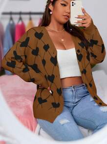 Flirla Plus Size Women's Fall/Winter Casual Heart Print Drop Shoulder Long Sleeve Cardigan