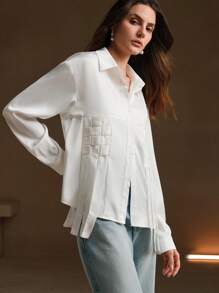 Anewsta Women's Solid Color Drop Shoulder Long Sleeve Fashionable Knit Trim Shirt, Spring/Summer