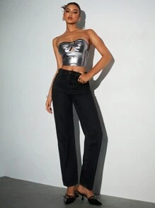 Aloruh Damen Sexy Chic YTK Mode Club Wear Ausgehobenen engen glänzenden PU Kurz-Camisole Top Ausgehtops Halloween Tops Partytops - Silber - Übersicht 4
