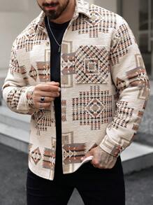 Manfinity RSRT Men's Geometric Pattern Long Sleeve Casual Loose Shacket, Spring Autumn Work Colorful Shacket, For Friends, Husband, Boyfriend Gifts - Khaki - View 4