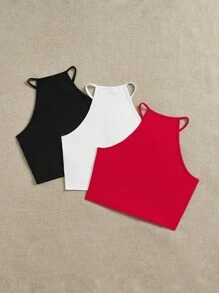 SHEIN EZwear 3 chiếc/gói Áo ba lỗ bó sát lưng cho nữ màu đen, trắng, đỏ, thích hợp cho mùa hè - Nhiều màu - Xem 2