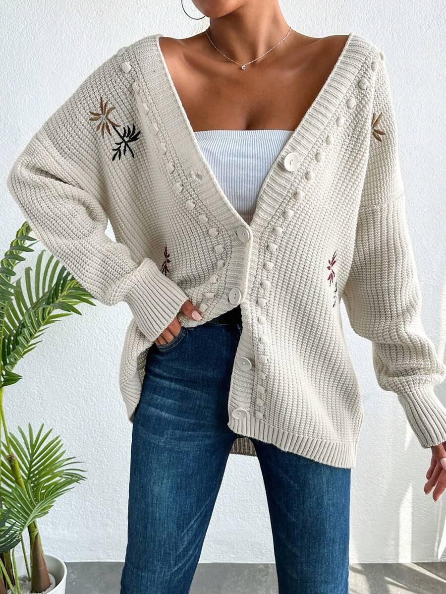 EURMUSE Floral Embroidery Pom Pom Detail Drop Shoulder Cardigan - Beige - View 1
