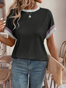 SHEIN LUNE Áo thun cổ tròn tay ngắn màu đơn giản - màu đen - Xem 6