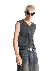 NEON BLANC Men's Street Casual Cotton Washed Hook & Loop Trim Sleeveless Tactical Vest Jacket, For Fall Winter - Dark Grey - View 3
