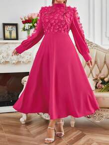 SHEIN Clasi Plus Size Solid Color 3D Floral Decor Stand Collar Long Sleeve Minimalist Dress Maxi Women Outfit - Hot Pink - View 6