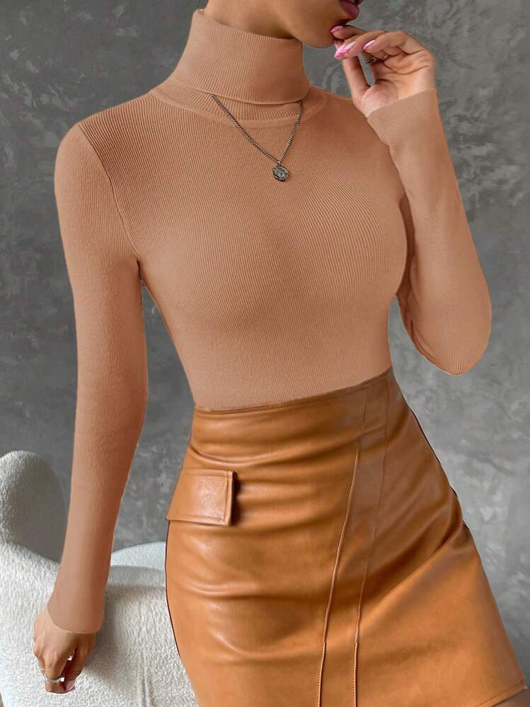 EURMUSE Turtleneck Ribbed Knit Sweater - Coffee Brown - View 1