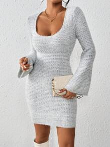 Chiquease Women's Solid Color Simple Everyday Flare Sleeve Pullover Long Dress Fall Cloth For Women - Grey - View 6